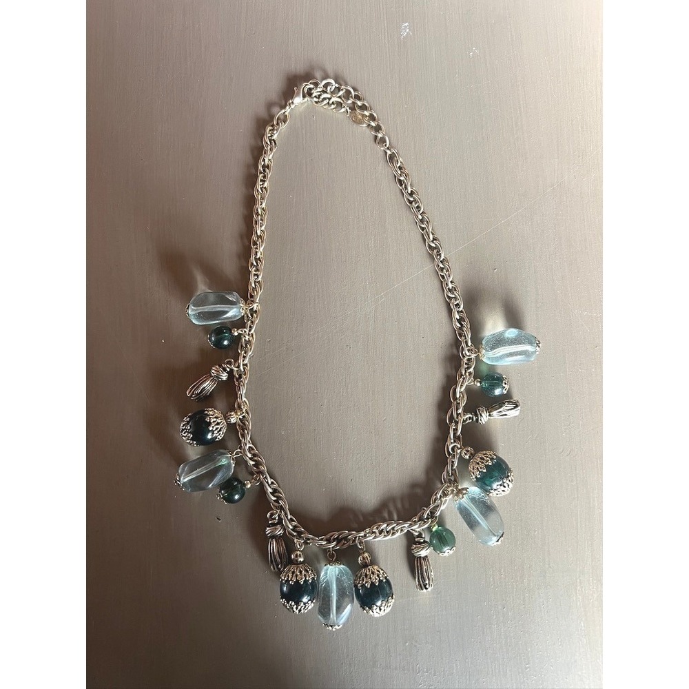 Bijoux Terner Necklace Silver Teal Green Sea Glass Beads Tassel Boho Beachy
